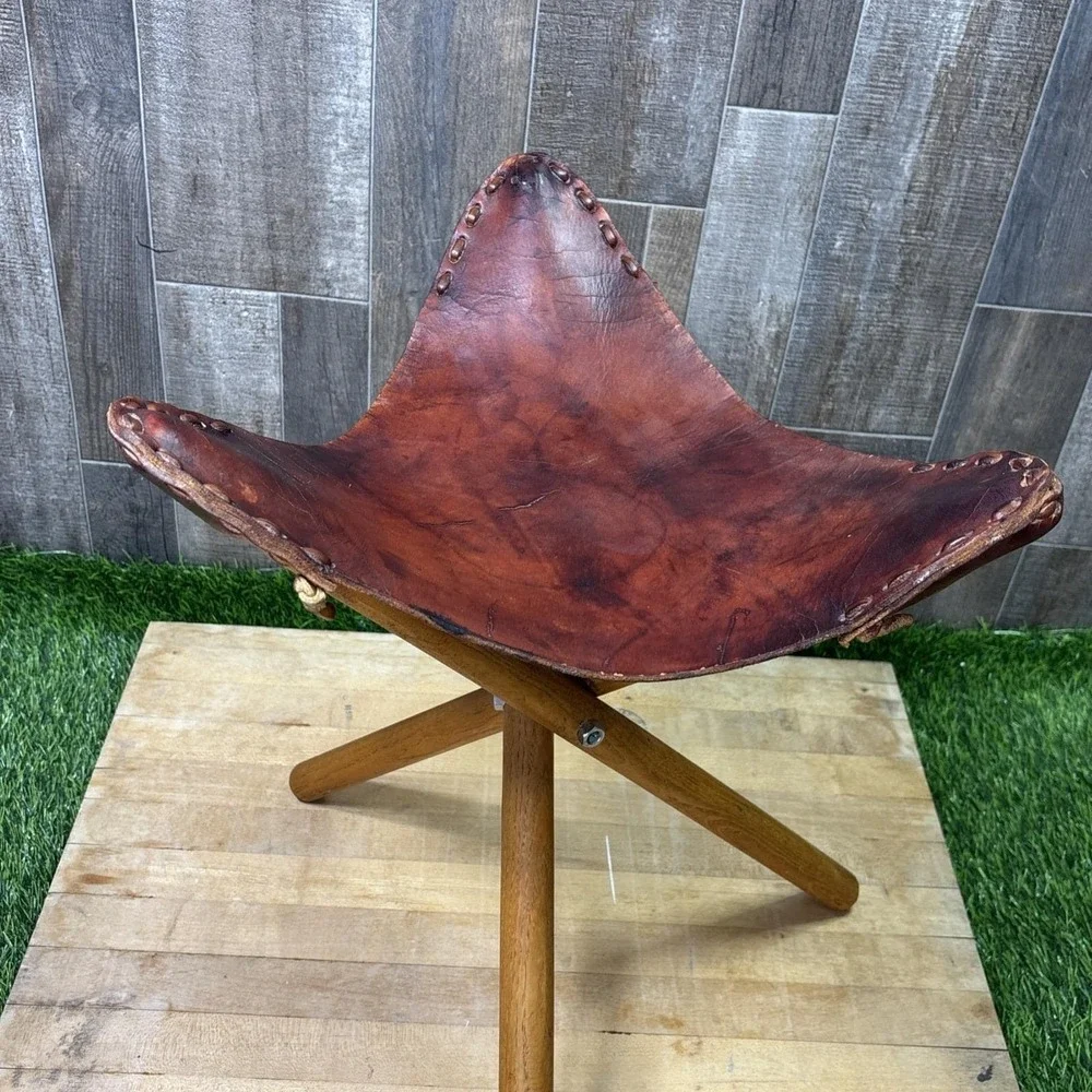 Vintage 1950s Teak Leather Folding Tripod Footstool Ottoman Safari Decor